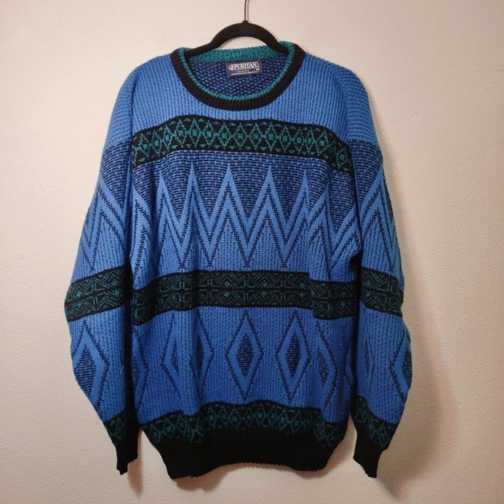 Vintage Puritan Blue & Black Crew Neck Sweater XL